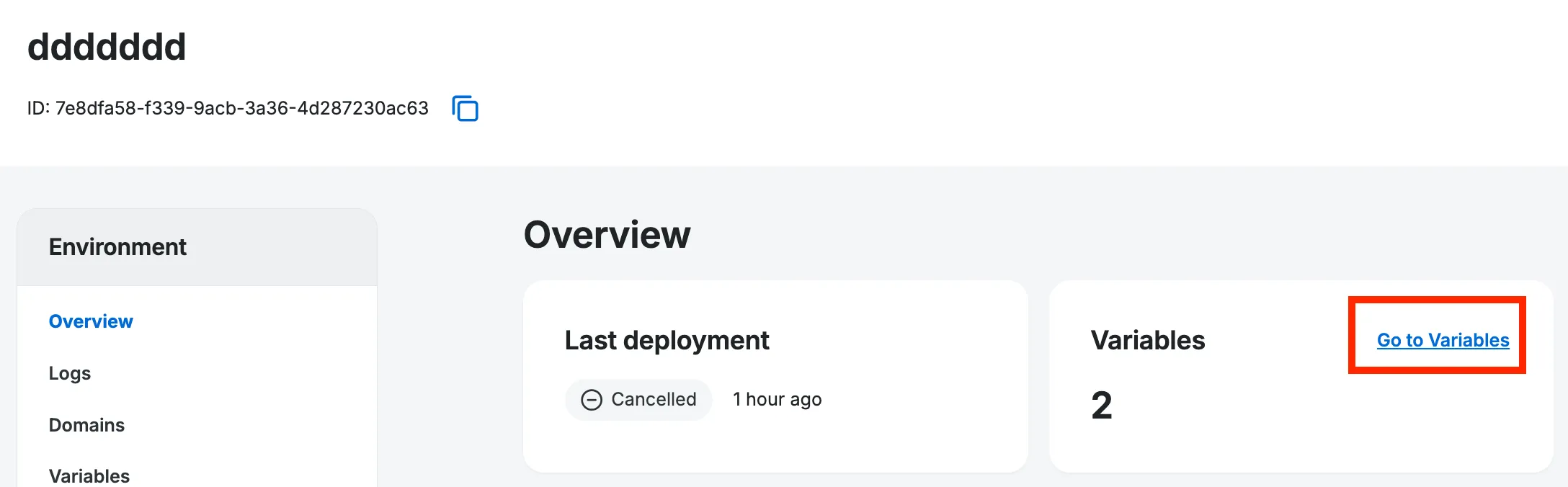 Screenshot of the top of the environment page in the WP Engine Portal with “Go To Variables” highlighted in the middle box.